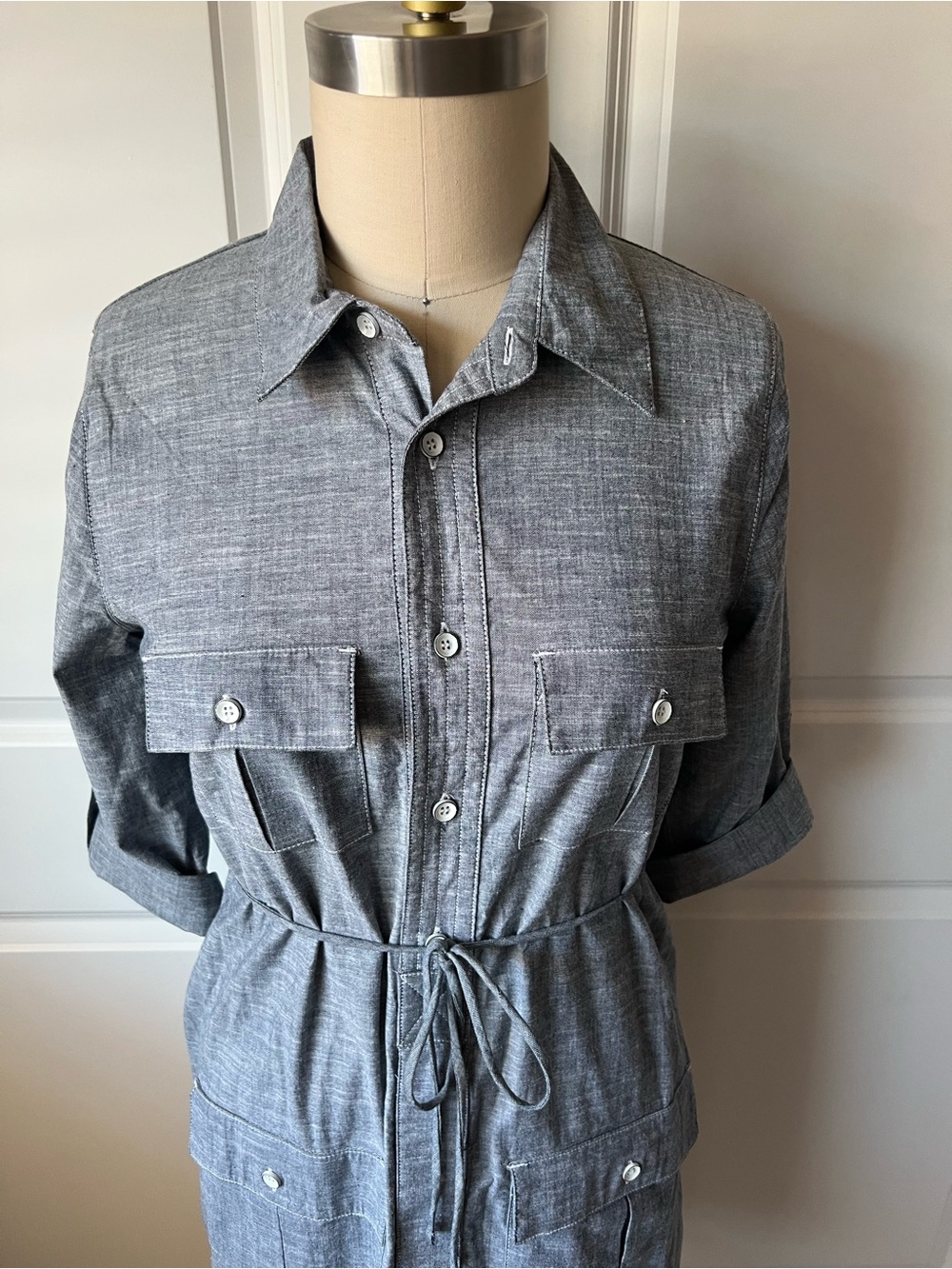 New Women's Cotton Chambray Utility Shirt Dress with Drawstring Waist - Picture 3 of 7